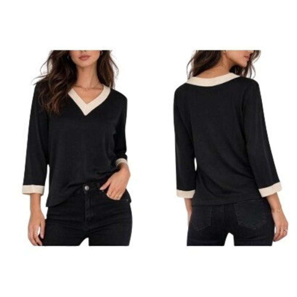Exclusively Misook Knit Top Black Cream Small Petite Classic Pullover Minimalist